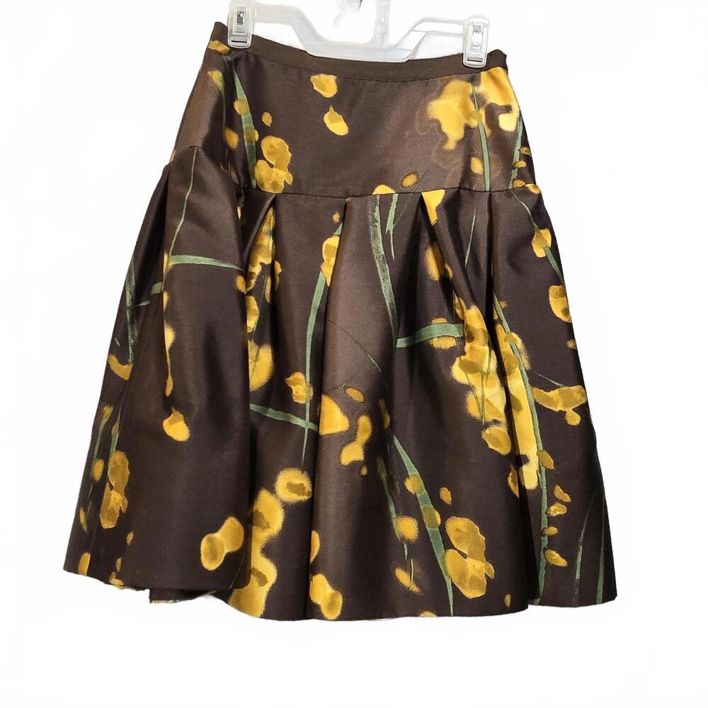 Oscar de la Renta F08 Silk Wool Floral Drop Waist Pleated Skirt Size 6 Brown - Picture 3 of 9
